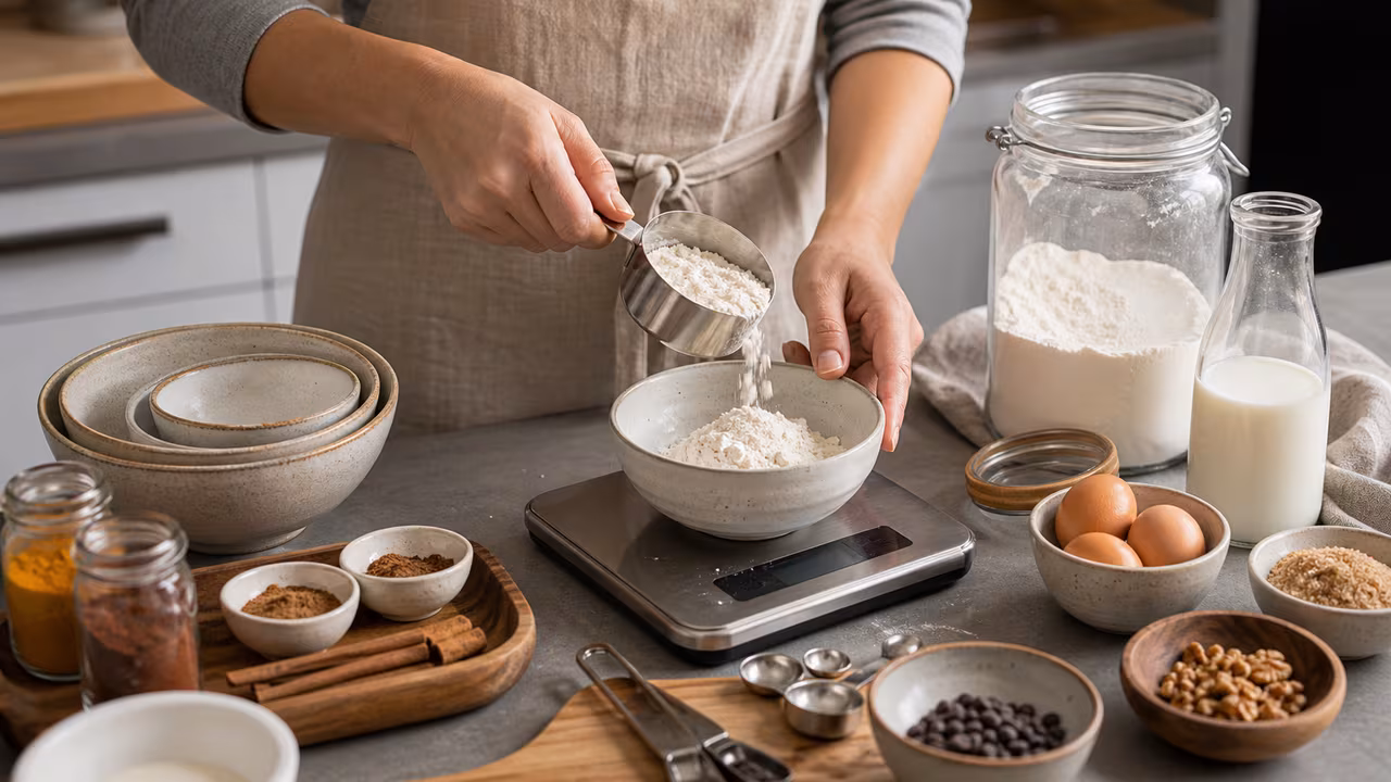 Hands measuring flour and spices with a kitchen scale, bowls, measuring spoons, and recipe ingredients.