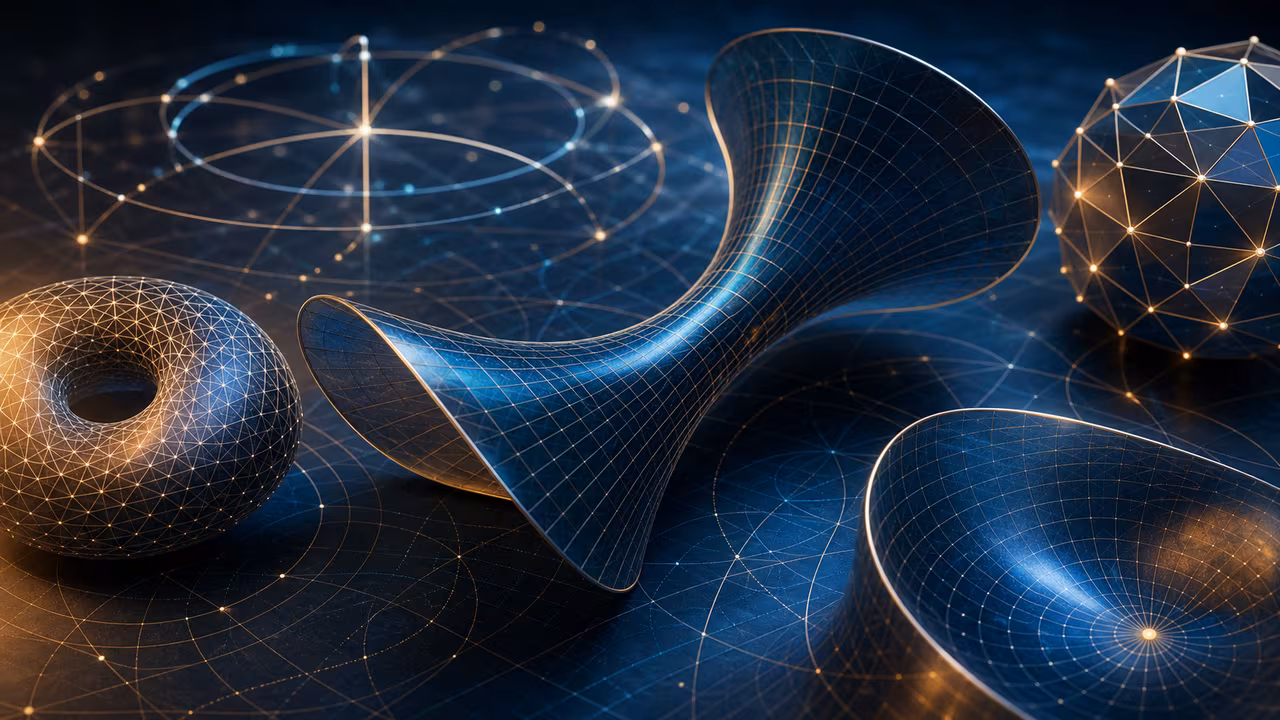 Curved non-Euclidean surfaces, interlocking geometric meshes, and glowing coordinate arcs.