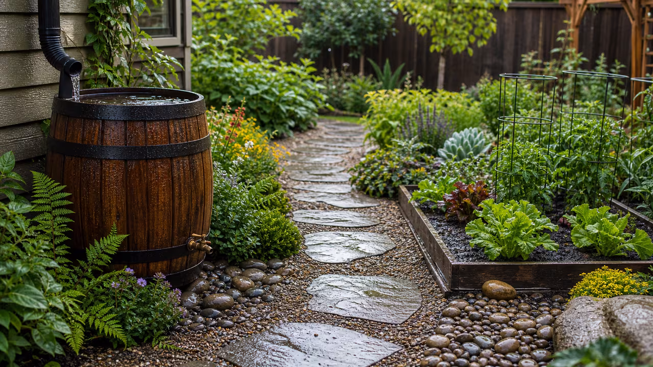 Rain barrel, permeable garden path, drought-tolerant plants, and vegetable beds after rain for the Green Living Guidebook.