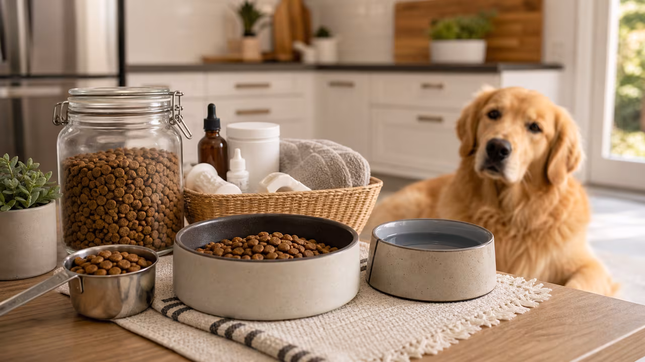 Portioned pet food, measuring cup, water bowl, preventive care supplies, and a calm dog in a home kitchen.