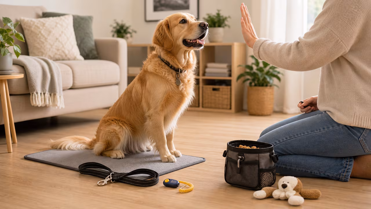 Positive pet training setup with calm dog, hand cue, treats, leash, toy, clicker, and training mat.