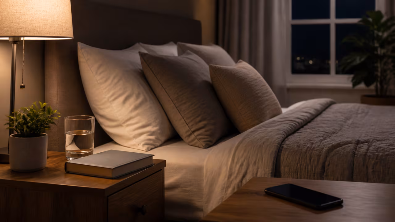 Calm bedroom with a book, water glass, dim lamp, and phone placed away from the bed for sleep hygiene.