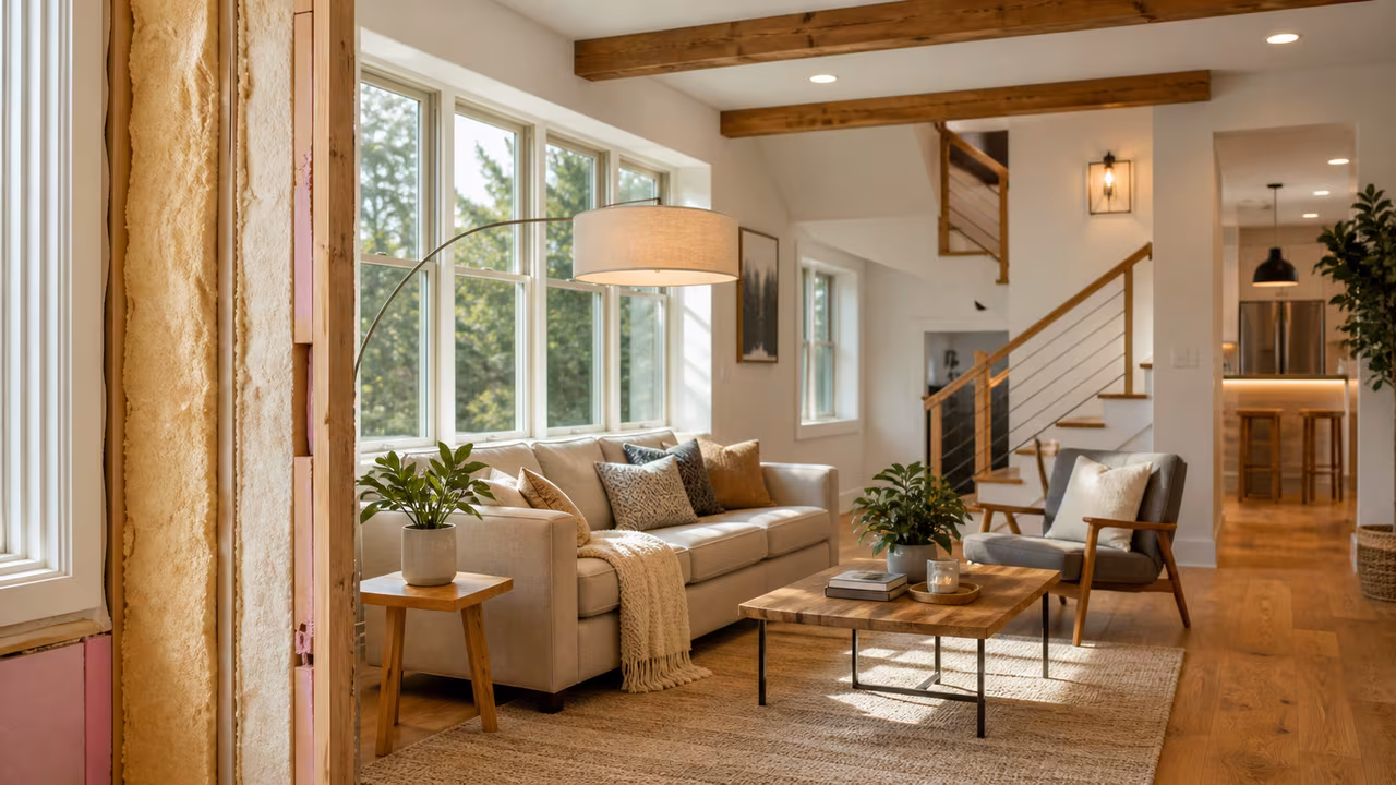 Finished living room with efficient windows, modern lighting, natural wood finishes, and visible insulation detail.