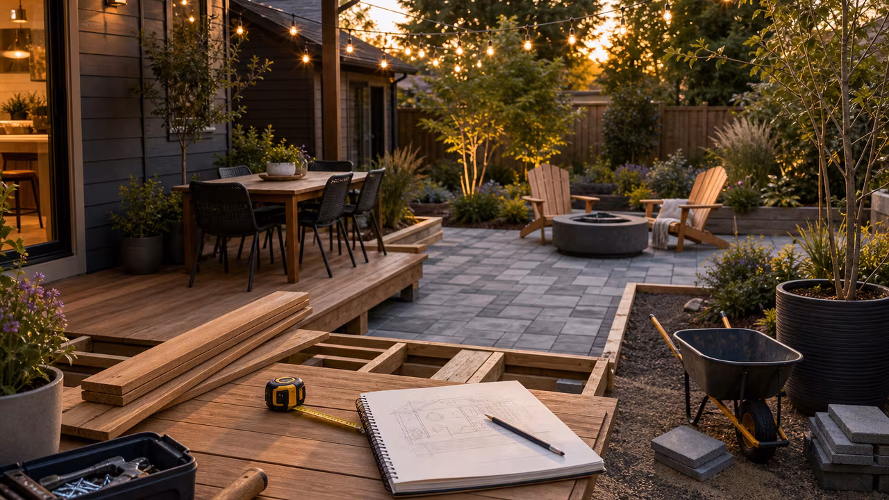 Backyard outdoor living project with deck boards, pavers, native planters, string lights, tape measure, and blank sketch paper.