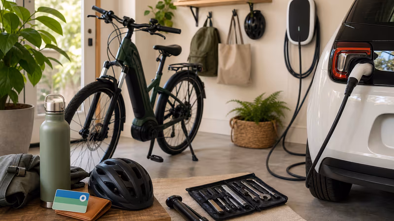 Greener transportation setup with an e-bike, electric car charger, helmet, repair tools, and reusable bottle.