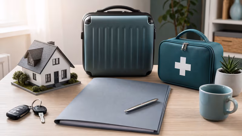 Travel, auto, health, and home coverage objects arranged with a blank policy folder for the Insurance Insight Guidebook.