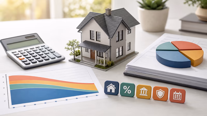 House model with a calculator, payment chart, and cost category icons illustrating a mortgage payment breakdown