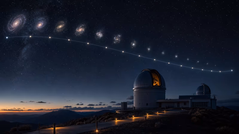 Remote observatory under fading galaxies with a subtle arc of light dots suggesting cosmic time.