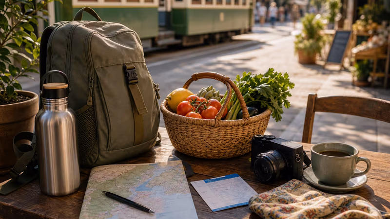 Responsible travel table with refillable bottle, compact daypack, local market basket, camera, and transit items.