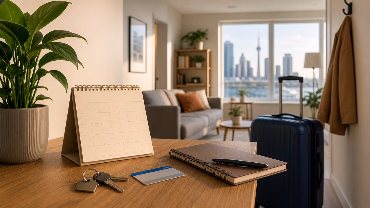 New apartment entry table with keys, transit card, suitcase, houseplant, blank calendar, and city skyline.