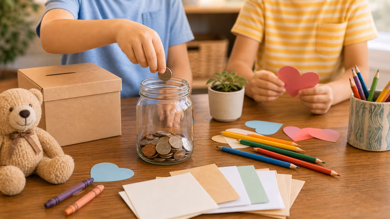 Children's hands placing coins into a clear giving jar with blank thank-you cards, craft supplies, and a small donation box.