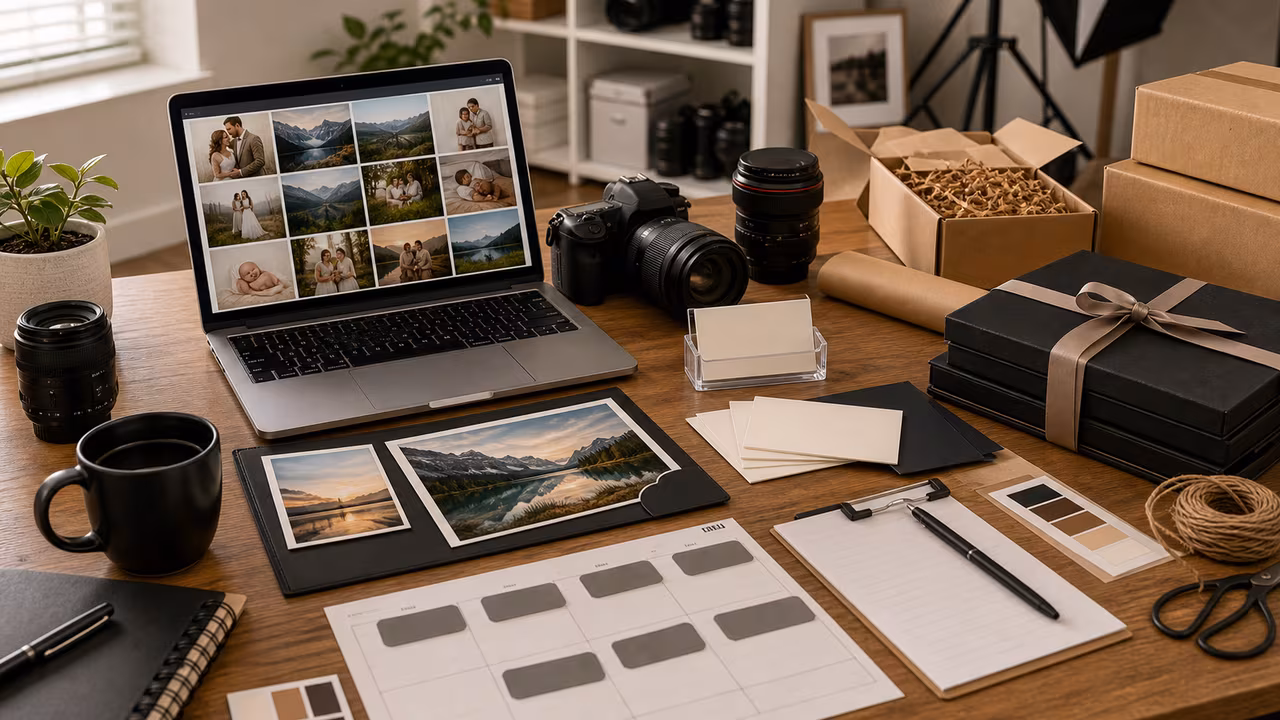 Photography business planning desk with camera gear, sample print proofs, packaging materials, blank pricing cards, and laptop thumbnails.