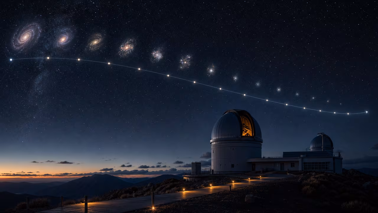 Remote observatory under fading galaxies with a subtle arc of light dots suggesting cosmic time.