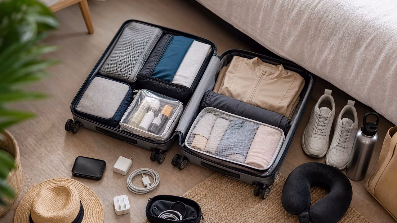 Compact suitcase with packing cubes, lightweight clothes, toiletries, chargers, and travel shoes arranged for a trip.