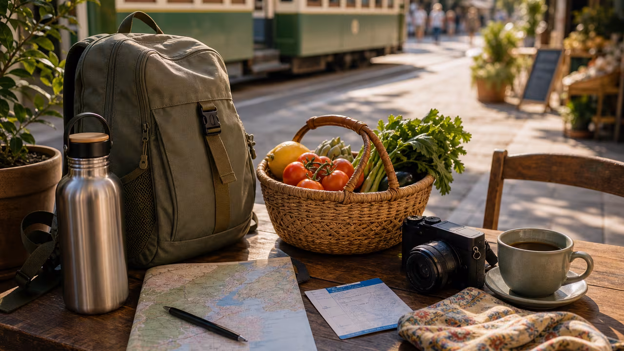 Responsible travel table with refillable bottle, compact daypack, local market basket, camera, and transit items.