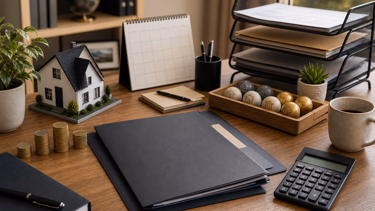 Tax strategy workspace with blank folders, calculator, filing tray, small home model, and investment tokens.